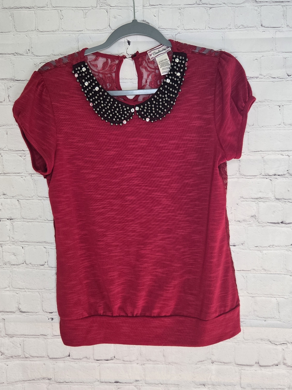 Y2k Soulmates mesh lace red Gauze embellished petter pan collar top Y2k Grunge